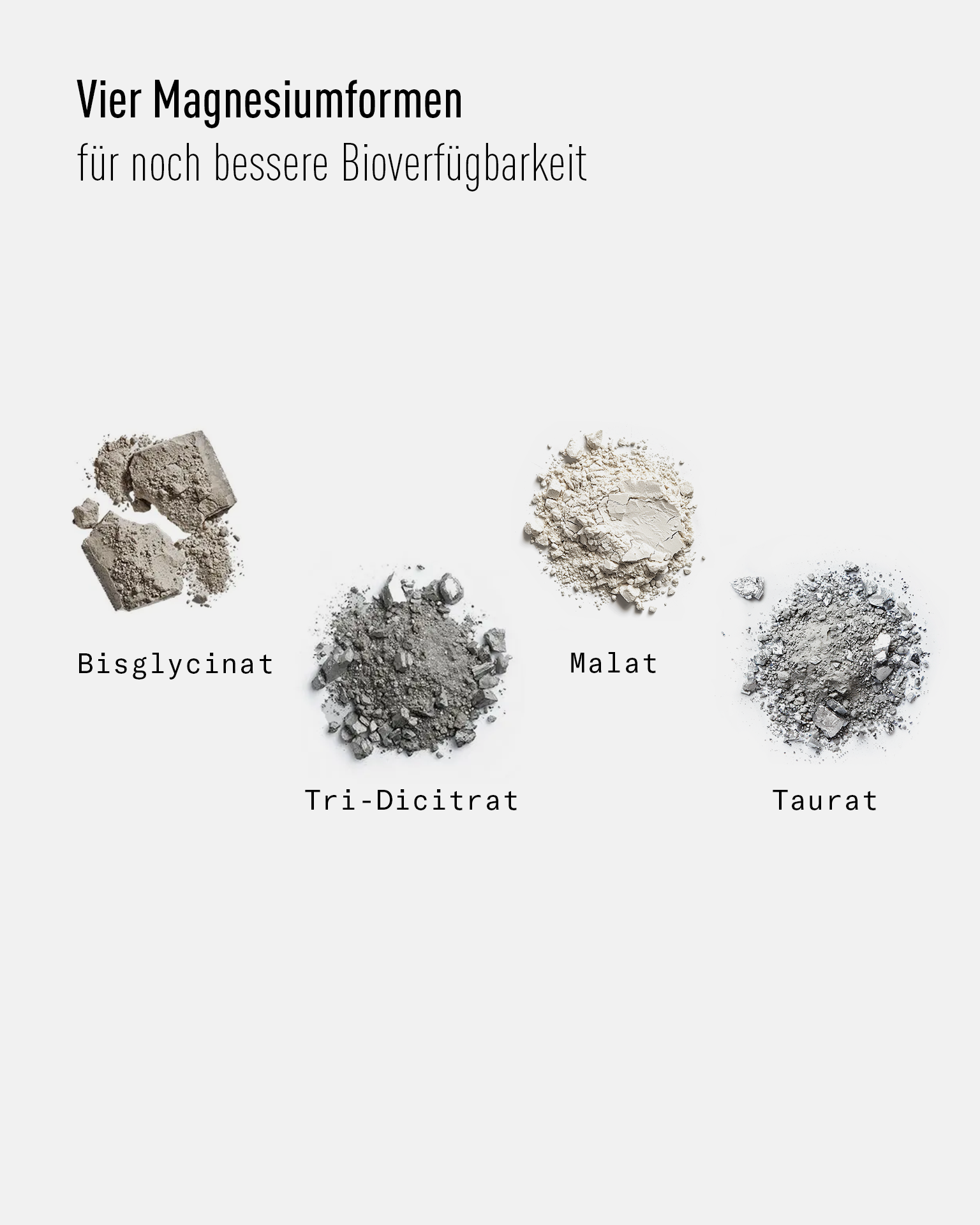 into-life-Vier Magnesiumformen für noch bessere Verfügbarkeit. Das Bild zeigt die vier enthaltenen Magnesiumsorten Bisglycinat, Tri-Discitrat, Malat und Taurat